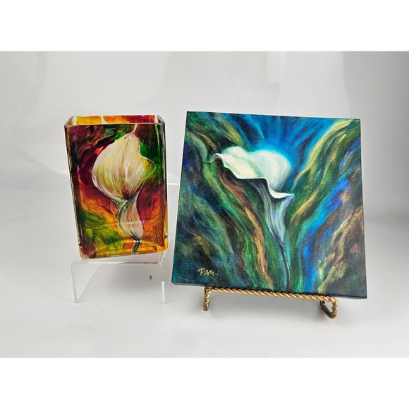 Other - Original Painting and Hand Painted Glass Vase Set Calla Lily Signed Art